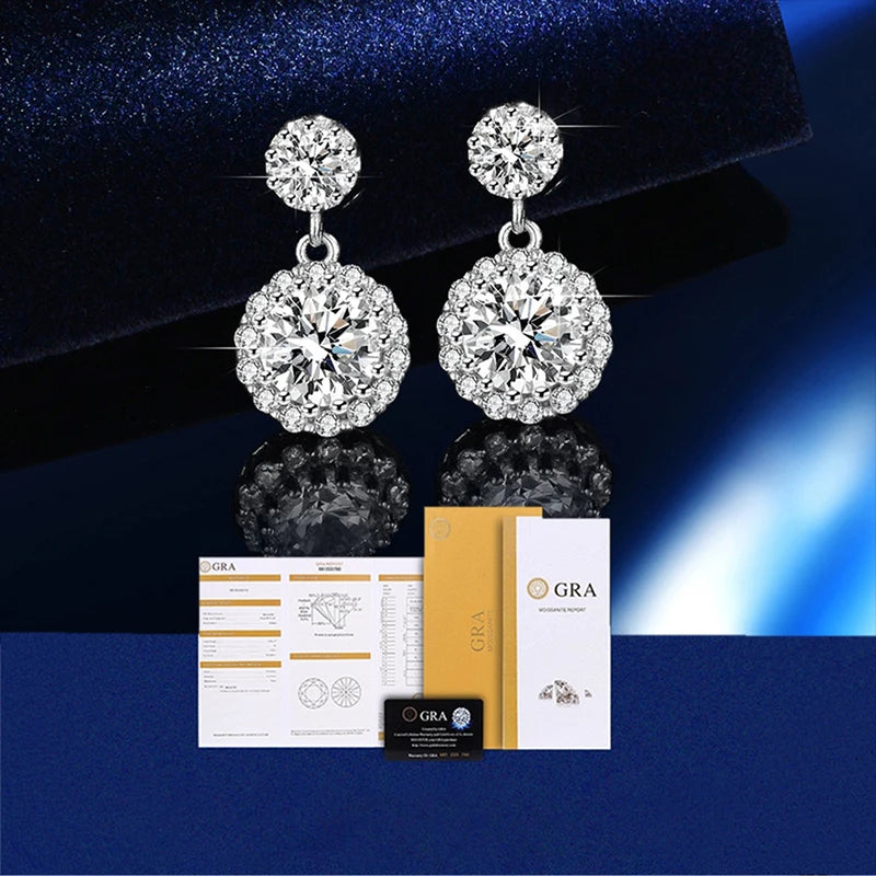 Moissanite Drop Earrings 925 Sterling Silver Halo Round Cut Sparkling Jewelry for Women