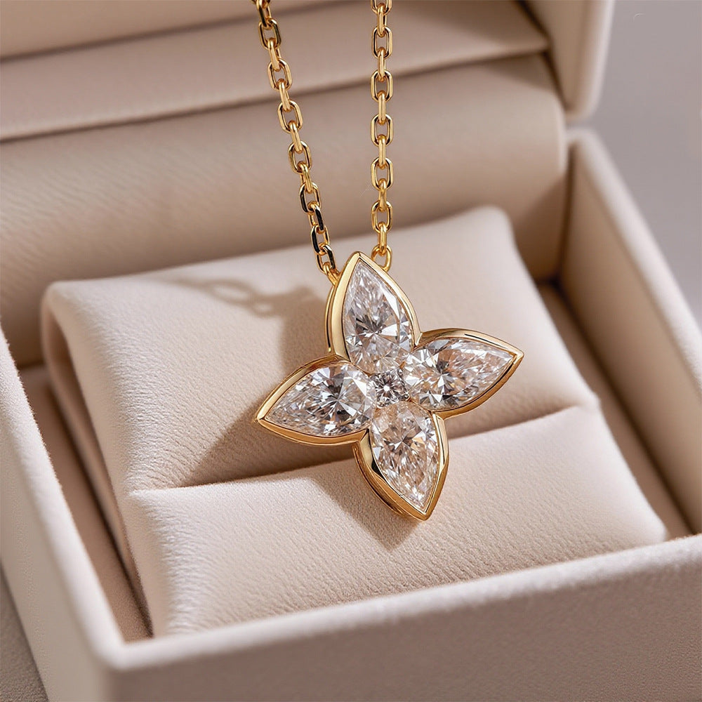 Moissanite Flower Pendant Necklace 925 Sterling Silver Gold Plated Elegant Jewelry for Wome