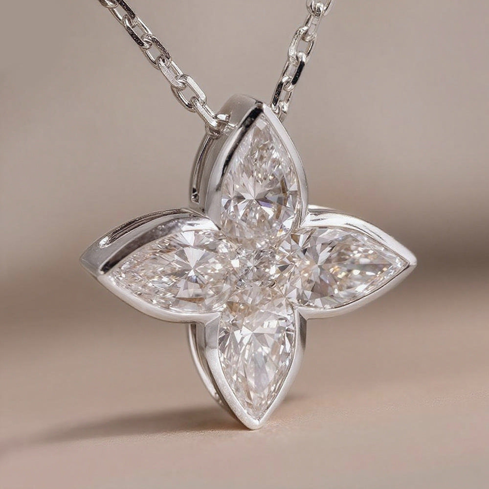 Moissanite Flower Pendant Necklace 925 Sterling Silver Gold Plated Elegant Jewelry for Wome